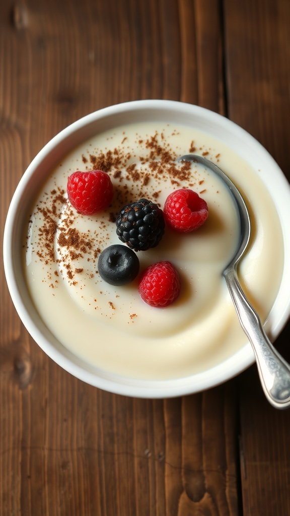 Carnivore Vanilla Pudding Recipe A bowl of creamy vanilla pudding garnished with cocoa powder and berries on a wooden table.